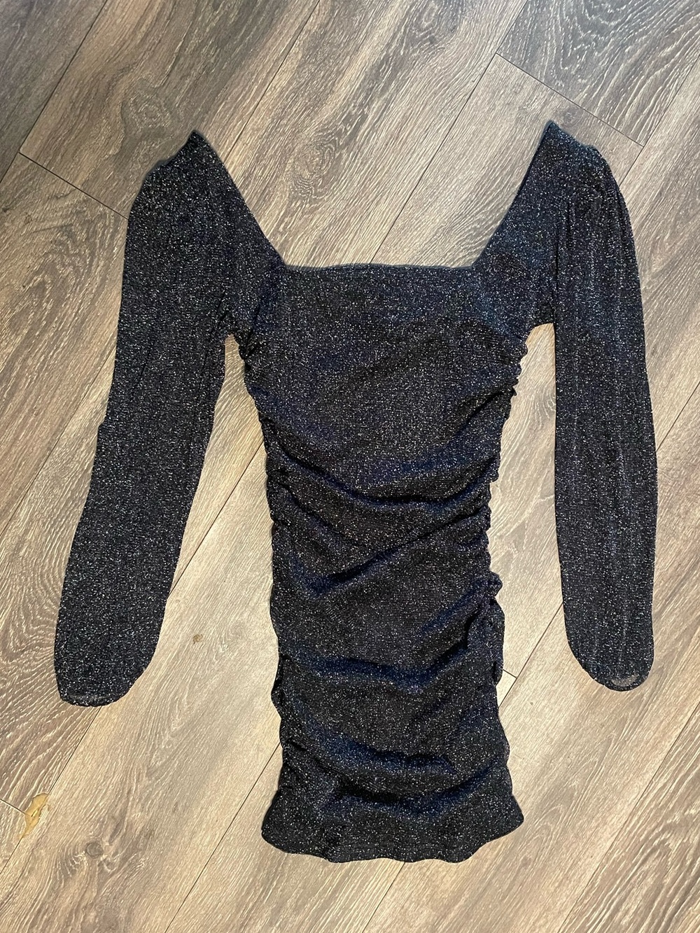 Riley & James Sparkle Long-Sleeve Ruched Mini Dress - Black prom medium sheer